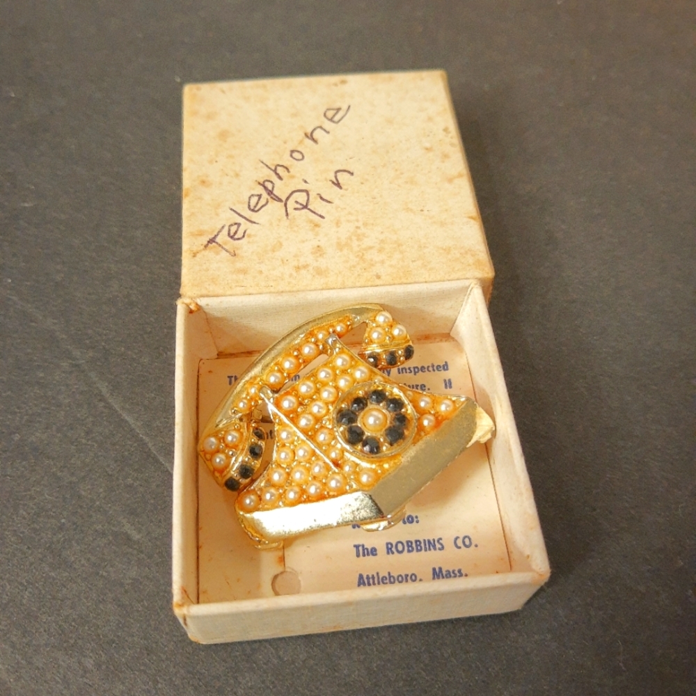 Vintage Faux Pearl Rotary Telephone Brooch Pin 1950s